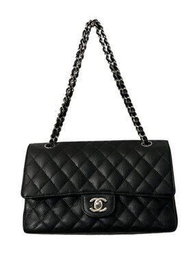 Authentic CHANEL Medium Classic Double Flap Bag Black Caviar Silver Hardware